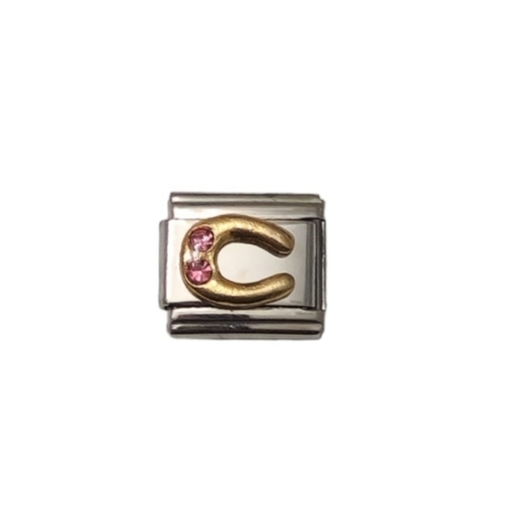 Italian Charmlink for Charm Bracelet‎ Horseshoe with Pink Gems 9mm